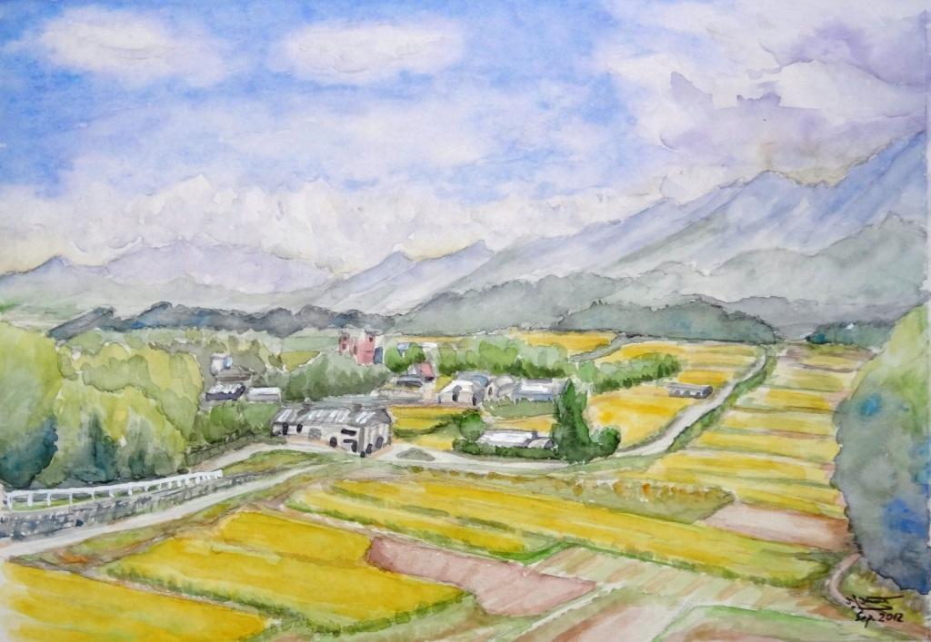 水彩画 その24「黄金色の田園風景」: 八ヶ岳高原スローライフ／水彩画と伴に