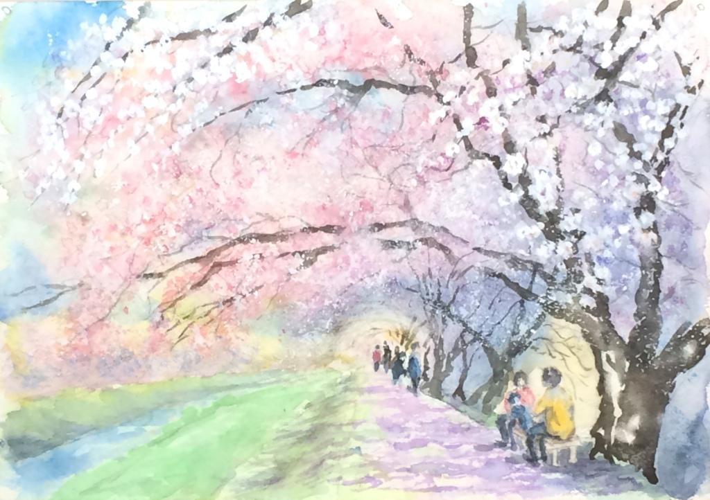 桜の下で 水彩画 （🎥№051透明水彩スケッチ「河津桜咲く」の