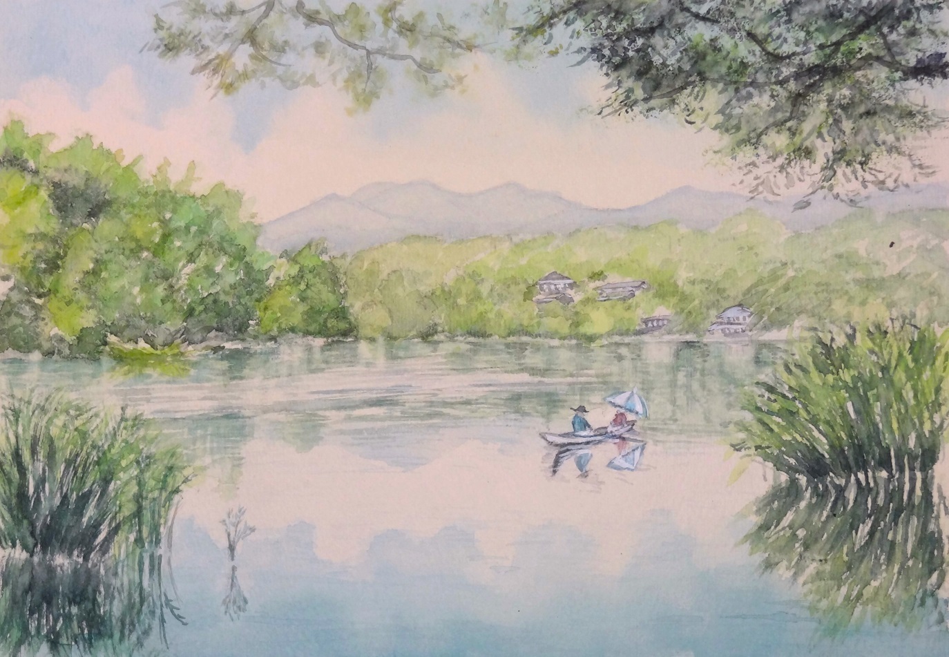 【真作】絵画　水彩　松原湖と八ヶ岳連峰　優美な自然の彩り　手描きの芸術　V94 真作】絵画 水彩 松原湖と八ヶ岳連峰 優美な自然の彩り 手描きの