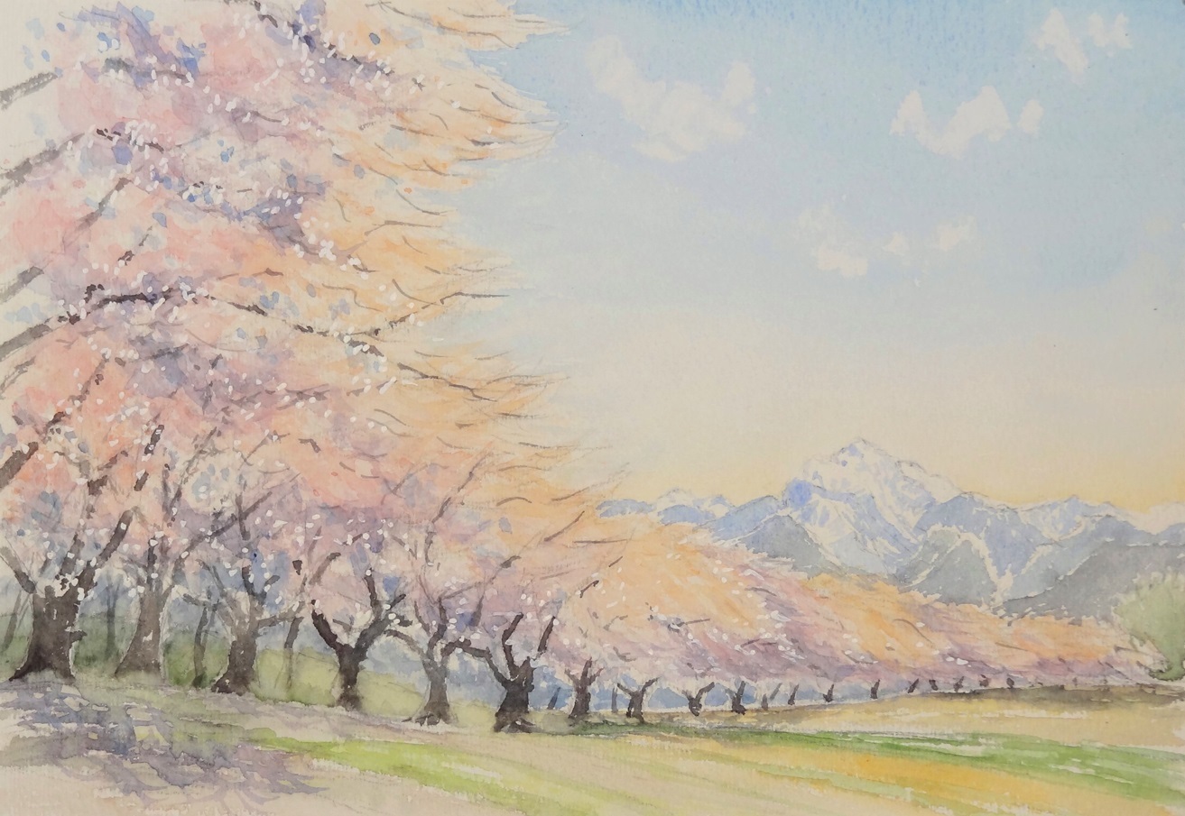 数量は多 水彩画・甲斐駒ヶ岳を望むススキ野原・原画 （三戒堂さん」色紙 絵画