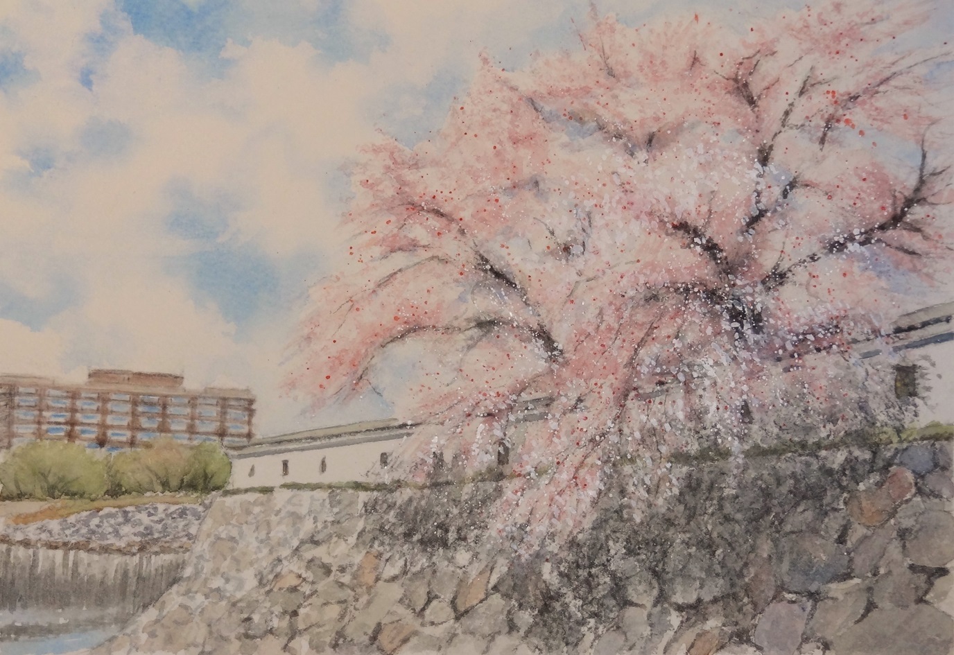 おトク 風景画 水彩画 実相寺(山梨県)の春 風景画 絵画